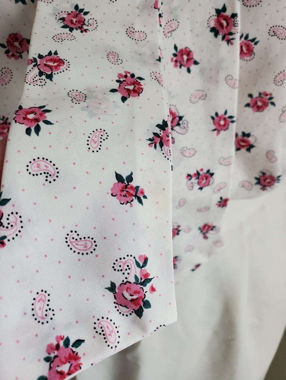 70s Vintage Pussybow Long Sleeve Blouse Micro Polka Dot Paisley Rose Print - Picture 10 of 10